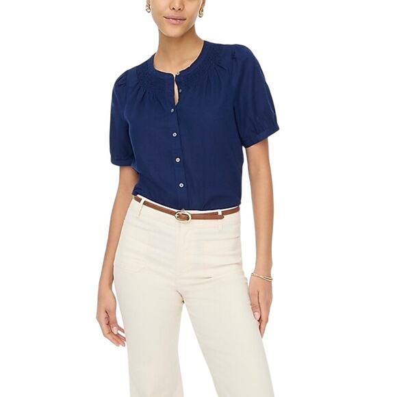 J.Crew Factory Navy Linen Blend Smock Neck Button Front Top Sz M NWT - Picture 1 of 7